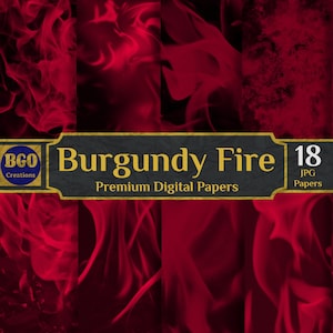 Pacchetto di carta digitale con texture di fuoco Borgogna, 18 carte Scrapbooking Maroon Flames, uso commerciale, download istantaneo, sfondi di sublimazione