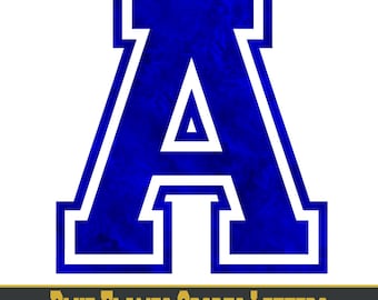 May include: A capital letter A featuring a deep blue textured fill with a white outline and a dark blue border. Below the letter, a dark gray horizontal bar displays the yellow text Blue Flames Sports Letters in a bold, blocky font.