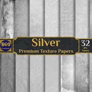 May include: A set of 32 silver textured paper backgrounds. The papers have a variety of textures, including crumpled, wrinkled, and striped. The papers are perfect for adding a touch of elegance to your designs.