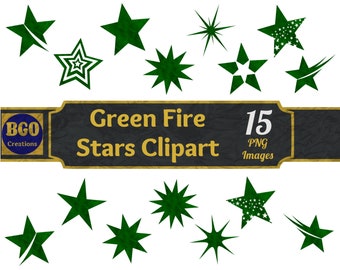 Green Fire Stars PNG bundle, 15 Fiery Green Star images, Printable Flame Stars clipart, Stars clip art, Green Stars, Commercial use