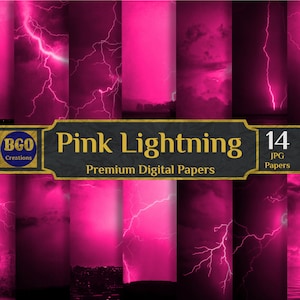 May include: A digital paper pack with 14 pink lightning designs. The pack is titled "Pink Lightning" and includes the text "Premium Digital Papers".