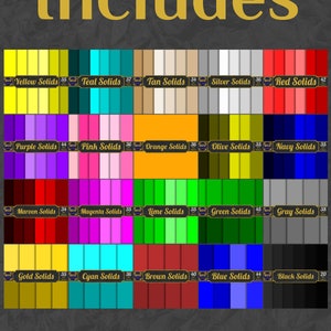 May include: A chart showing 20 different solid color swatches, each with a label indicating the color and the number of shades included. The colors include yellow, teal, tan, silver, red, purple, pink, orange, olive, navy, maroon, magenta, lime, green, gray, gold, cyan, brown, blue, and black.