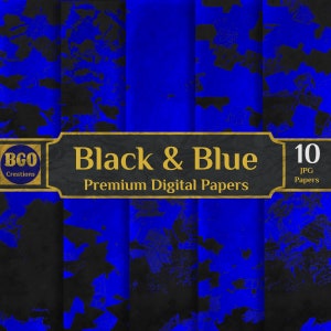Pacchetto di carta digitale grunge nera e blu, 10 carte glamour, texture di schizzi di vernice astratta, sfondi a sublimazione, motivi a pennellate