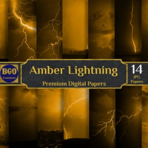 Pacchetto di carta digitale Amber Lightning, 14 carte per scrapbooking arancioni, sfondo di sublimazione di texture di cielo tempestoso di fulmini, uso commerciale