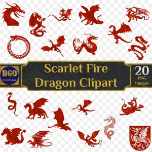 Clipart di draghi di fuoco scarlatto, 20 immagini PNG di drago rosso ardente, draghi di fiamma stampabili, oggetti effimeri di Scrapbooking/Journaling, uso commerciale