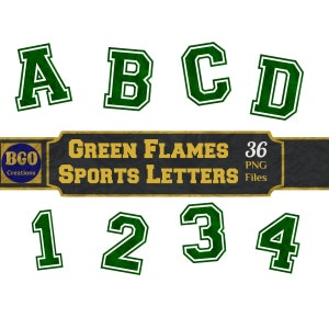 Grüne Flammen Varsity Sport Alphabet, 26 PNG Buchstaben & 10 Zahlen, Football Baseball Basketball Monogramme, Grüne Varsity Buchstaben