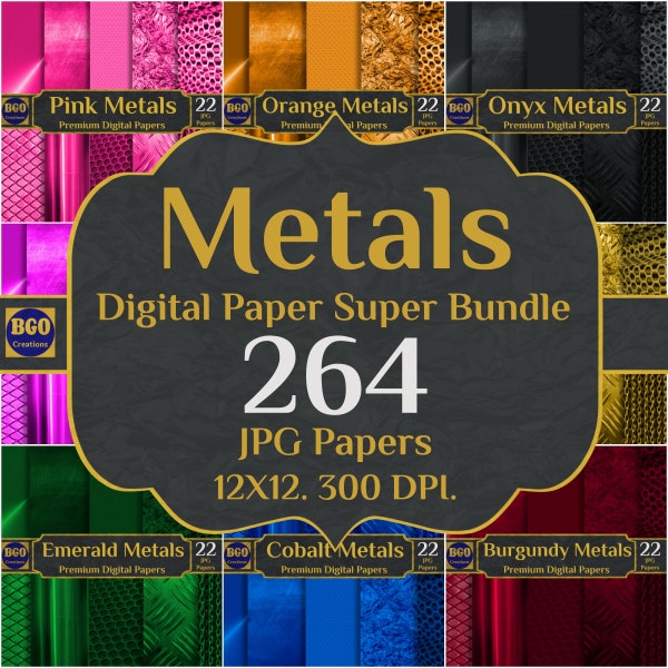 Metals Digital Paper Bundle, 264 Metallic Textures JPG Papers, Printable Sublimation Backgrounds, Commercial Use