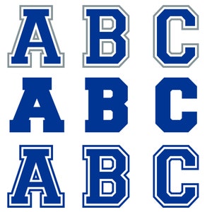 May include: Three sets of the letters A, B, and C in a varsity style font. The letters are outlined in gray, blue, and white.