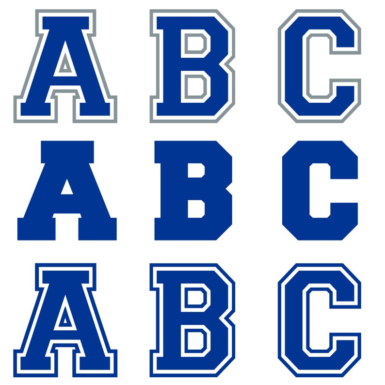 May include: Three sets of the letters A, B, and C in a varsity style font. The letters are outlined in gray, blue, and white.