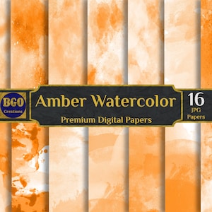 Pacote de papel digital aquarelas âmbar, 16 papéis para scrapbooking, textura aquarela, papel abstrato com fundos laranja, fundos de sublimação