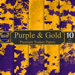 Carta digitale con texture grunge viola e oro, 10 carte glamour, schizzi di vernice astratta, sfondi a sublimazione, motivi a pennellate
