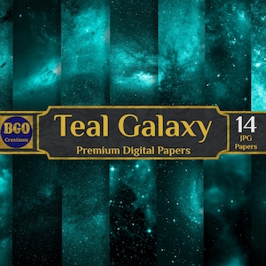 Teal Galaxy estrelas papéis digitais, 14 fundos espaciais, galáxia aquarela, papel cósmico, céu noturno estrelado, papel de planetas, papel Stardust