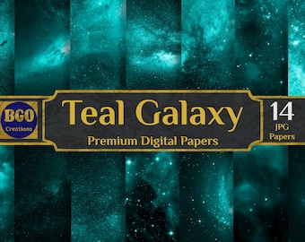 Teal Galaxy stars digital papers, 14 Space Backgrounds, Watercolor Galaxy, Cosmic Paper, Starry Night Sky, Planets Paper, Stardust Paper
