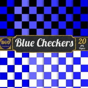 Blue Checkers Digital Paper Pack, 20 Seamless Checkerboard Printable Sublimation Background Pattern Papers, Commercial use, Scrapbooking