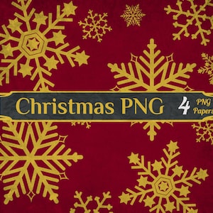 Pacchetto di carta digitale PNG con fiocchi di neve bordeaux e oro, 4 sfondi fotografici per le vacanze strutturati, colori natalizi, carte per scrapbooking