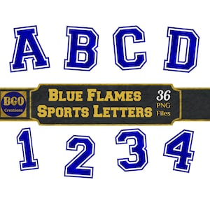 Blue Flames Varsity Sports-alfabet, 26 png-letters en 10 cijfers, voetbal, honkbal, basketbal, monogrammen, blauwe varsity-letters