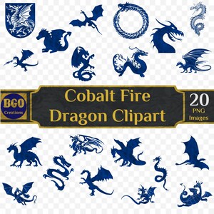 Cobalt Fire Dragons Clipart, 20 Fiery Blue Dragon PNG images, Printable Flame Dragons, Scrapbooking/Journaling ephemera, Commercial use