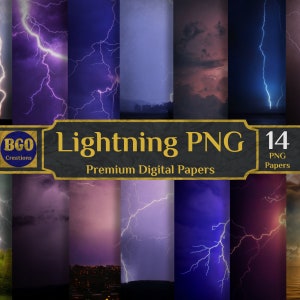 14 Lightning PNG Digital Papers Pack, Scrapbooking Papers, Stormy Lightning Sky Sublimation Background, Commercial Use, Instant Download