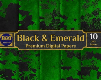 Papel digital com texturas grunge verde esmeralda e preto, 10 papéis glam, respingos de tinta abstrata, sublimação, padrões de pinceladas