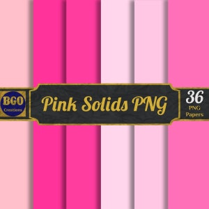 Könnte beinhalten: Ein Set mit 36 rosa einfarbigen PNG-Papieren. Die Papiere sind in einem Raster angeordnet mit einem schwarzen und goldenen Banner, auf dem "Pink Solids PNG" und "BGO Creations" steht.