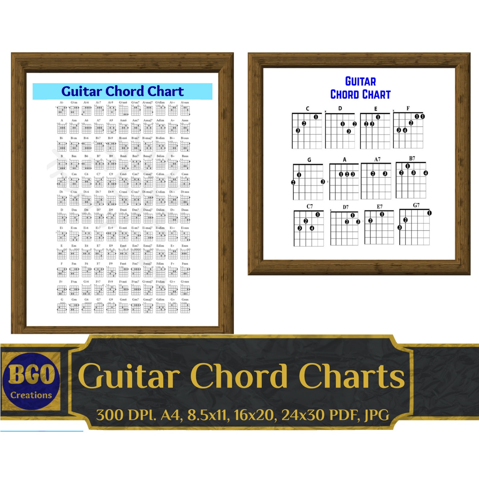 Printable Guitar Chord Charts, Full and Beginner Guitar Chords Posters ...