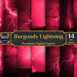 Pacchetto di carta digitale Burgundy Lightning, 14 carte per scrapbooking testurizzate, sfondo sublimatico Stormy Lightning Sky, uso commerciale