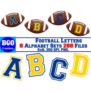 Blue & Gold Digital Football Alphabet, PNG Letters/Numbers, 8 Alphabet Sets, Sublimation Monograms, Commercial use, Instant Download