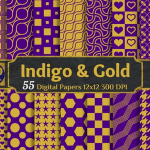 Indigo and Gold Digital Paper Pack, 55 Seamless Purple & Gold Printable Sublimation Background Pattern Papers, Commercial use, Scrapbooking