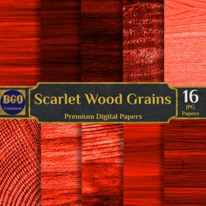 Papeles digitales de fondo de madera escarlata, 16 fondos de madera, madera rústica, granos de madera en apuros, papel rojo, papel de madera de color