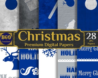 Christmas Digital Paper Pack, 28 Blue & Silver Holidays Paper bundle, Printable Digital Backgrounds, Commercial Use Scrapbook paper