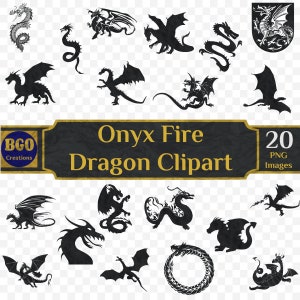 Onyx Fire Dragons Clipart, 20 Fiery Black Dragon PNG images, Printable Flame Dragons, Scrapbooking/Journaling ephemera, Commercial use