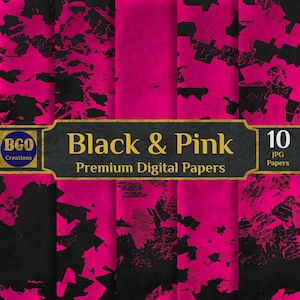 Pacchetto di carta digitale grunge nera e rosa, 10 carte glamour, schizzi di vernice astratta, sfondi a sublimazione, motivi a pennellate