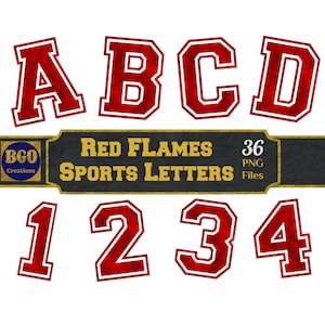 Red Flames Varsity Sport Alphabet, 26 PNG Buchstaben & 10 Zahlen, Football Baseball Basketball Monogramme, Rote Varsity Buchstaben