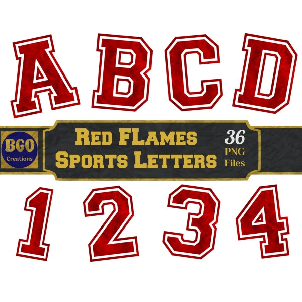 Red Flames Varsity Sports Alphabet, 26 PNG Letters & 10 Numbers, Football Baseball Basketball Monograms, Red Varsity Letters