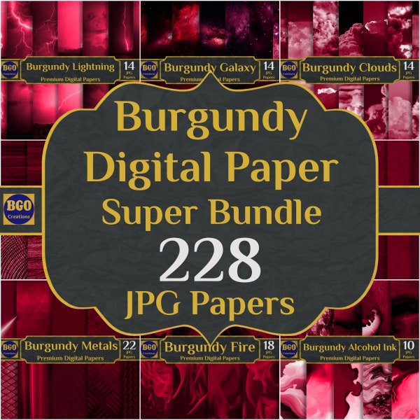 Burgundy Digital Paper Bundle, 228 JPG Papers, Maroon Textures Printable Sublimation Backgrounds, Commercial Use