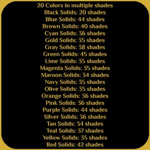 May include: A list of 20 colors with the number of shades available for each color. The colors are listed in black text on a gold background.