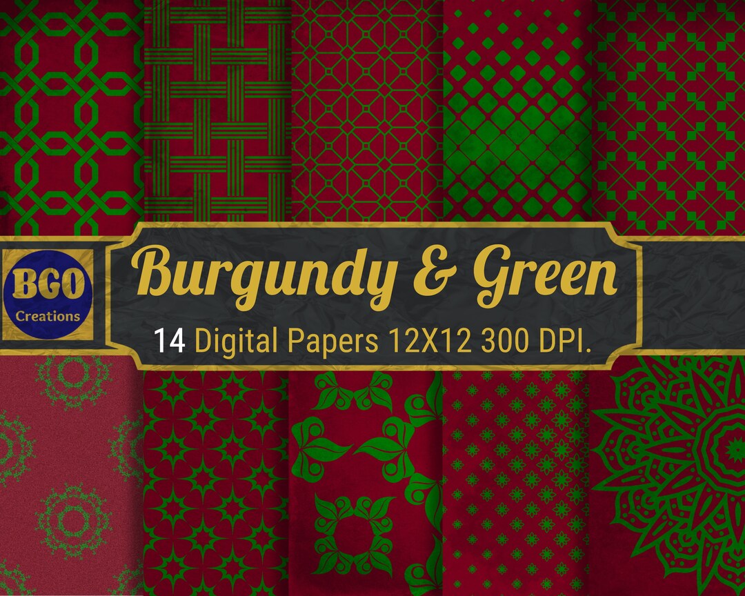 Distressed Burgundy & Green Textures Digital Paper Pack, 14 Ornate ...