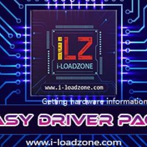 Puede incluir: Un gráfico digital con un diseño de placa de circuito azul. El cuadrado central presenta el texto "ILZ" e "i-LOADZONE" con una dirección web. Debajo, se muestra el texto "EASY DRIVER PACK", también con una dirección web. La imagen muestra el progreso de "Getting hardware information... (20%)".
