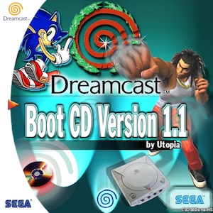 Pode incluir: Dreamcast Boot CD Versão 1.1 por Utopia. A imagem apresenta o logotipo Dreamcast, Sonic the Hedgehog e um personagem musculoso. Um console Dreamcast e um CD também são visíveis. O logotipo da Sega está nos cantos inferiores esquerdo e direito.