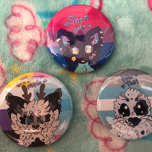 Custom Cute  Fursona Pride and Pronouns Pinback Button!