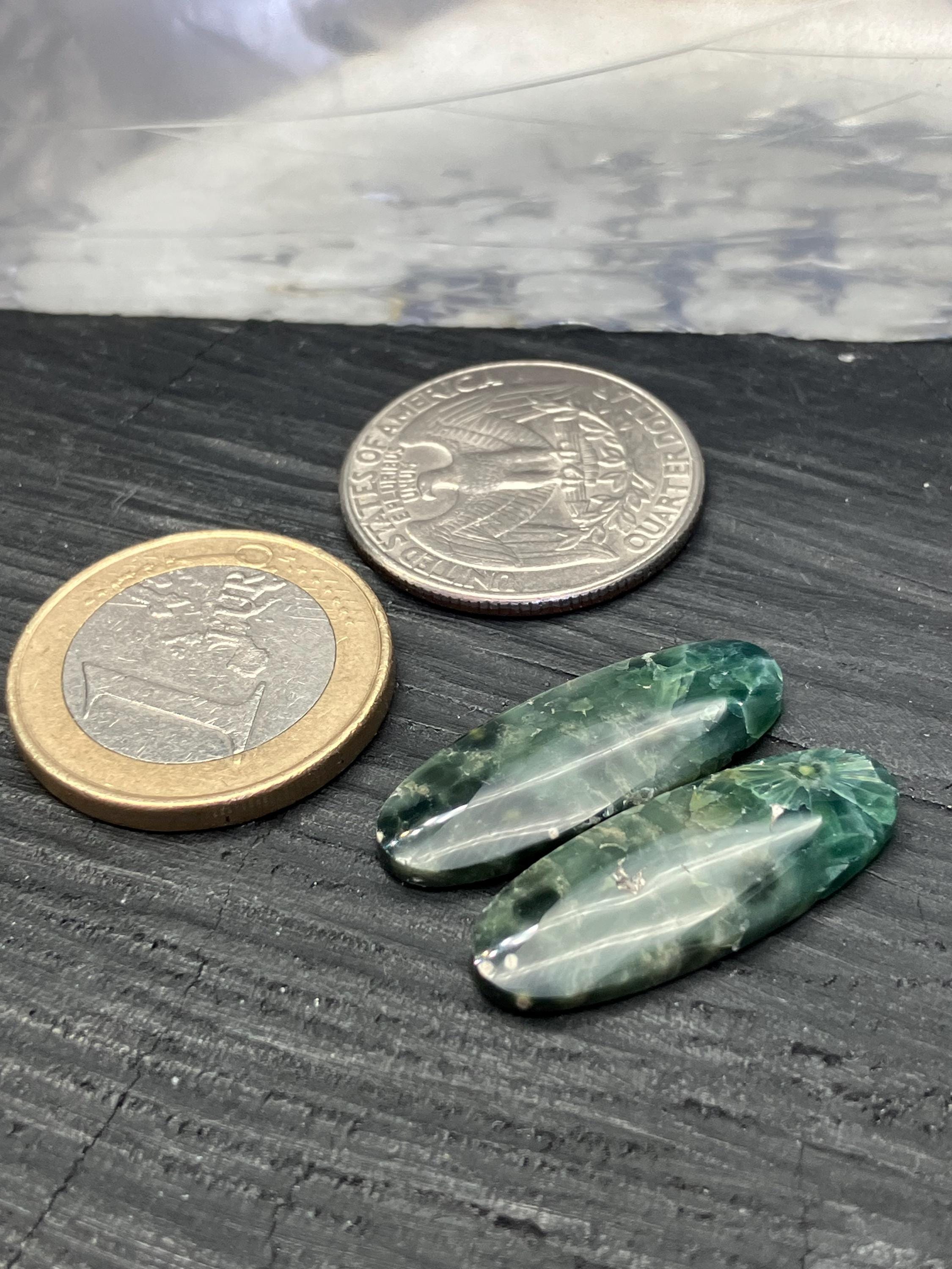 Pair of Natural Green Ocean Jasper Cabochons With Yellow-green