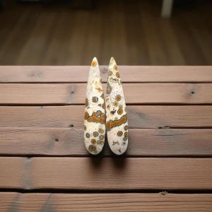 Pair of Natural Brown and White Orbicular River Jasper Cabochons – Pear Shape 42 mm – Rare Stone from Java, Indonesia – Handmade - PSI01