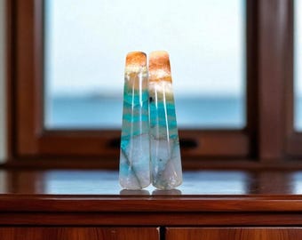 Pair of Natural Opalized Wood Cabochons – Trapezoid Shape 34 mm – Handmade – Java Island, Indonesia – Ref. OPL4