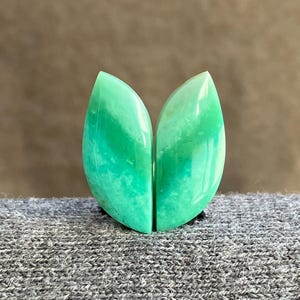 May include: Two polished, leaf-shaped gemstones in shades of green and white. The stones are displayed upright, side-by-side, against a neutral background. The gemstones have a smooth, glossy finish and are likely used for jewelry or decorative purposes.