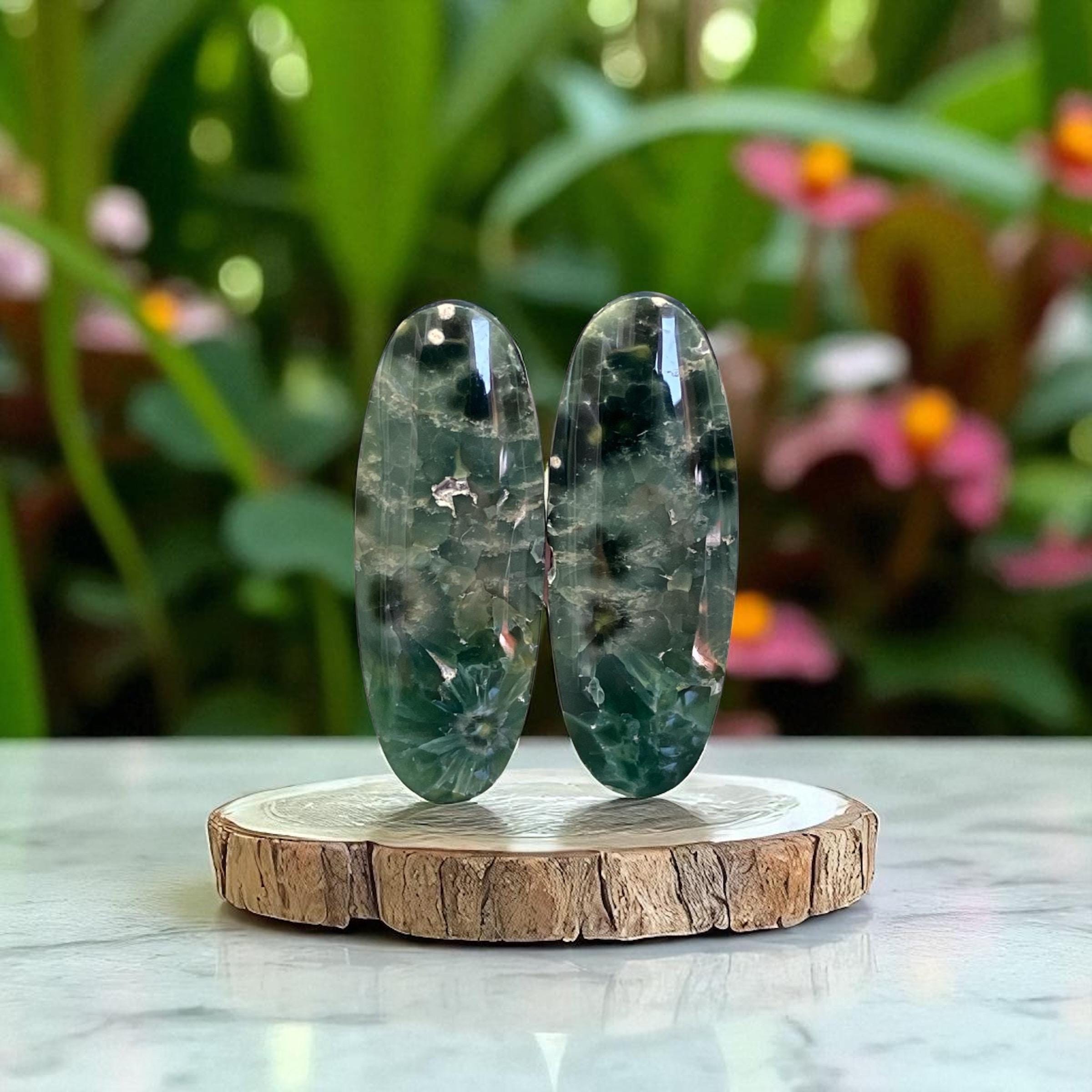 Pair of Natural Green Ocean Jasper Cabochons With Yellow-green