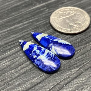 May include: Two teardrop-shaped lapis lazuli cabochons with white veining. The stones are approximately the size of a US quarter.