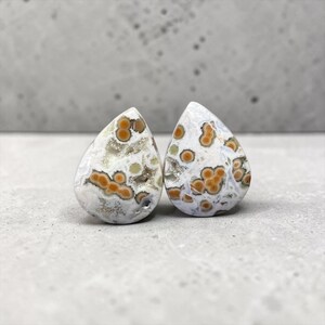 Pair of Natural Orbicular River Jasper Cabochons – Pear Shape 18 mm – Rare Stone from Java, Indonesia – Handmade – Ref. PSI04