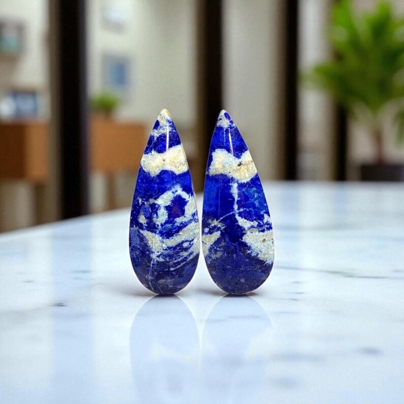 Pair of natural lapis lazuli cabochons – Freeform – 27 mm – Pitawak, Badakhshan, Afghanistan – Handmade – Ref. 2LB1 image 3