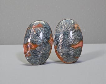 Pair of red feather agate cabochons with marcasite - Oval handmade cabochon - 19MM - Indonesia - PAM2 - "Sungai Merah"
