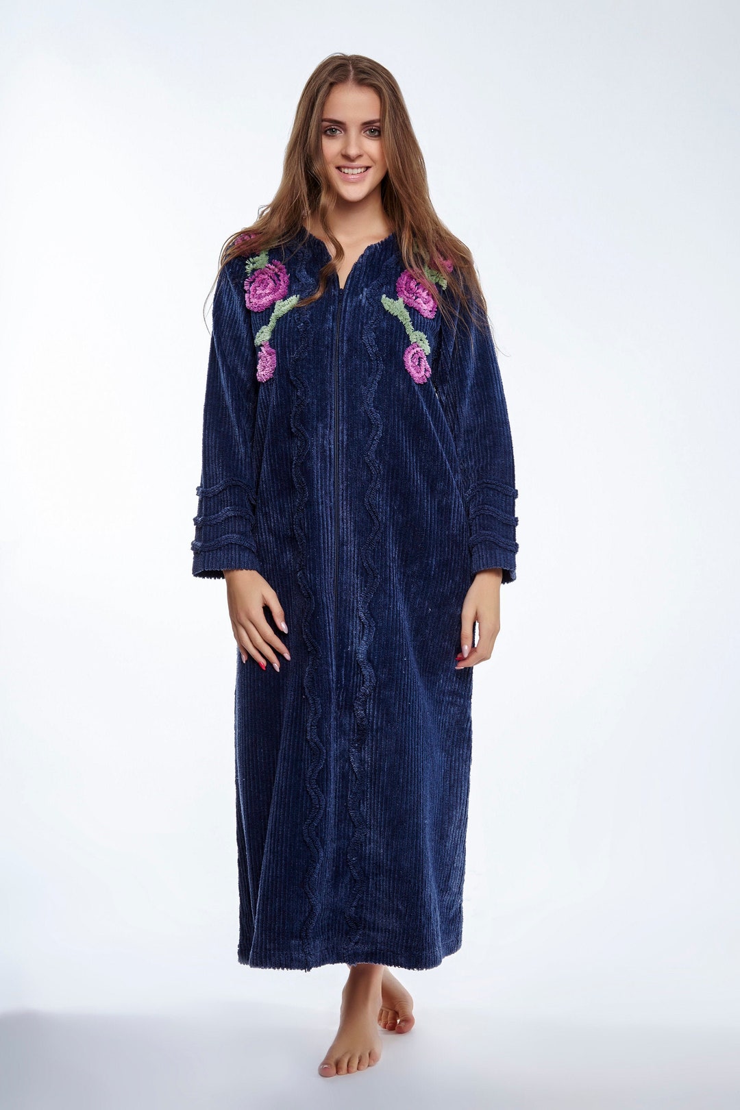 Floral Rose Embroidered Chenille Zipper Robe Etsy